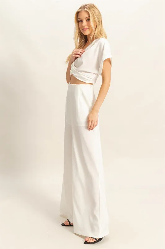Off White Twisted Front Short Sleeve Top and Wide Leg Pants Set