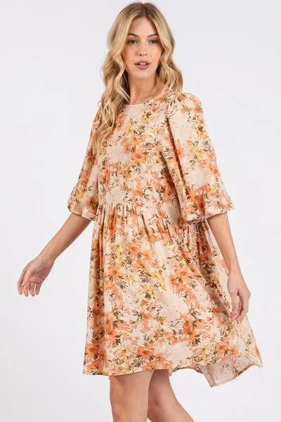 Orange Flower Print Linen Blend Babydoll Mini Dress