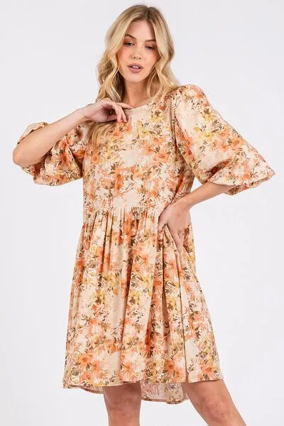Orange Flower Print Linen Blend Babydoll Mini Dress