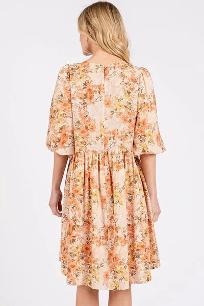 Orange Flower Print Linen Blend Babydoll Mini Dress