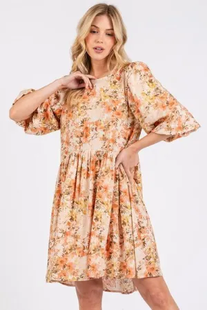 Orange Flower Print Linen Blend Babydoll Mini Dress
