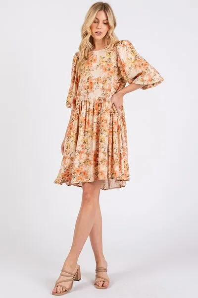 Orange Flower Print Linen Blend Babydoll Mini Dress