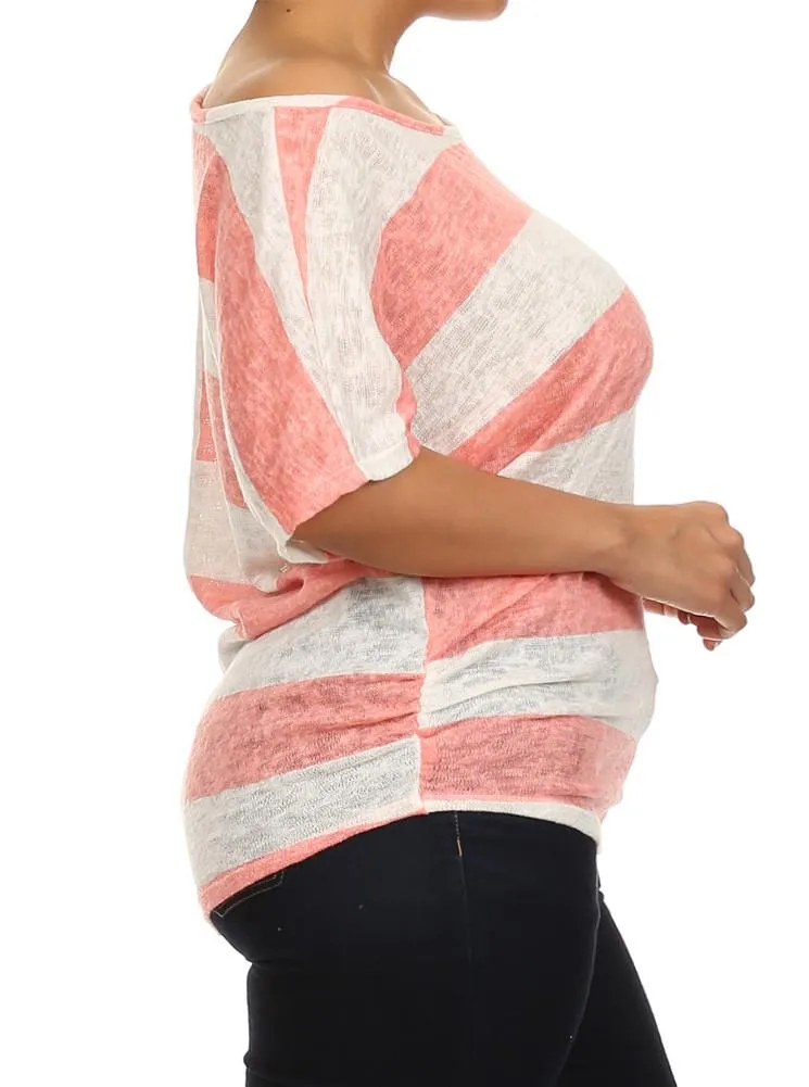 Plus Size Striped See Through Knit Pink Top