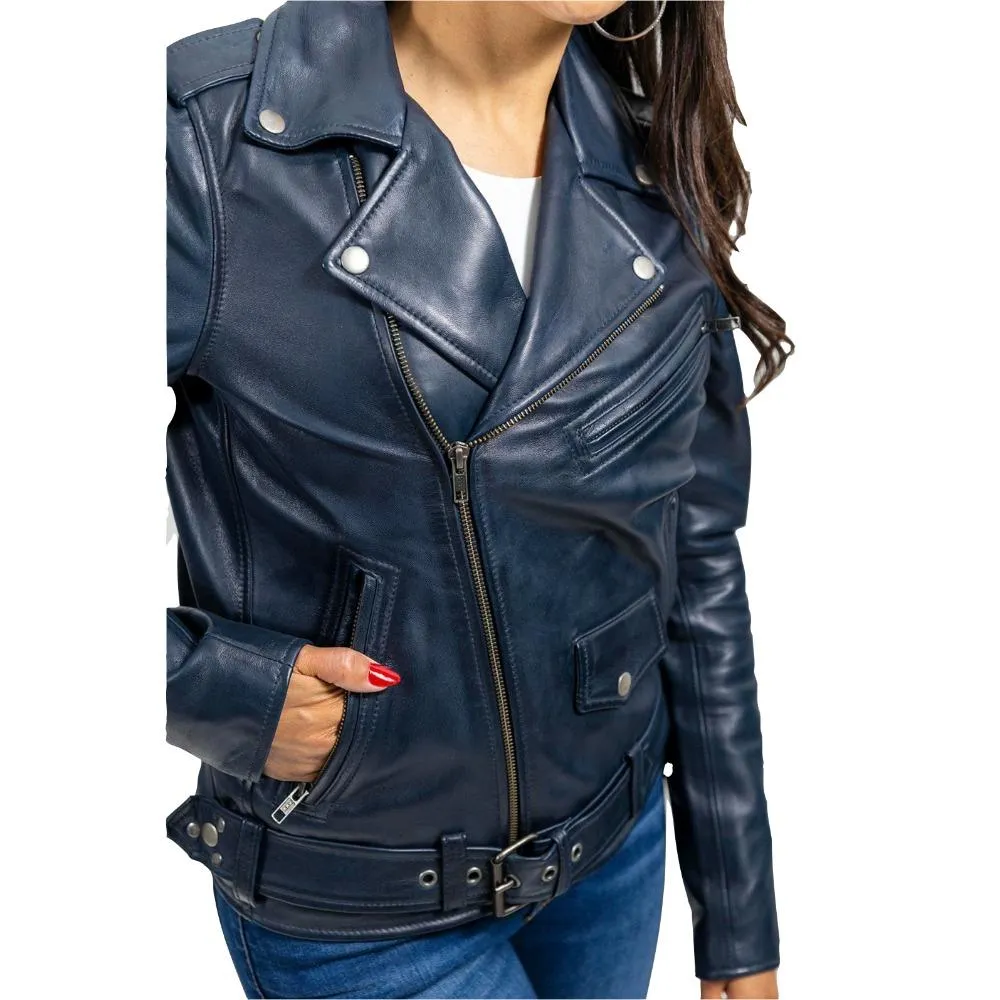 Rebel - Women's Fashion Lambskin Leather Jacket (Navy Blue)