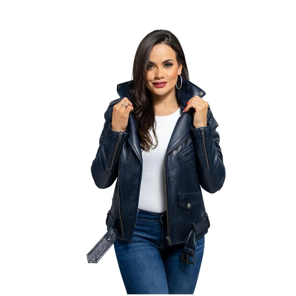 Rebel - Women's Fashion Lambskin Leather Jacket (Navy Blue)