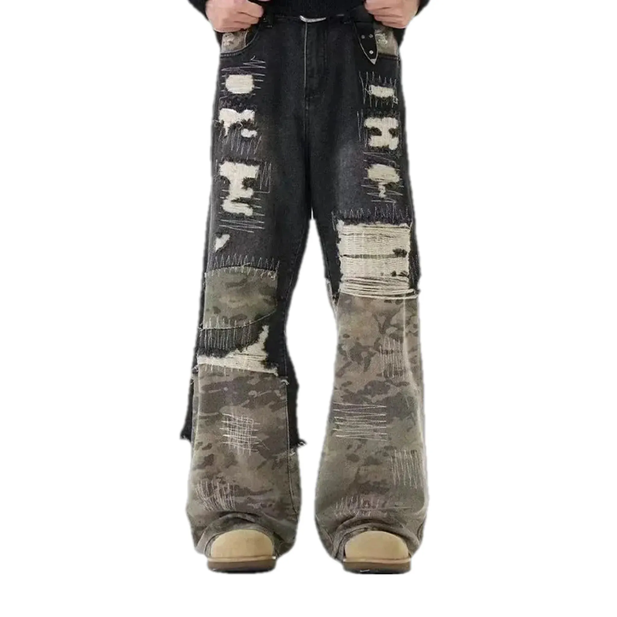 Reworked mixed colors boho men's jeans
