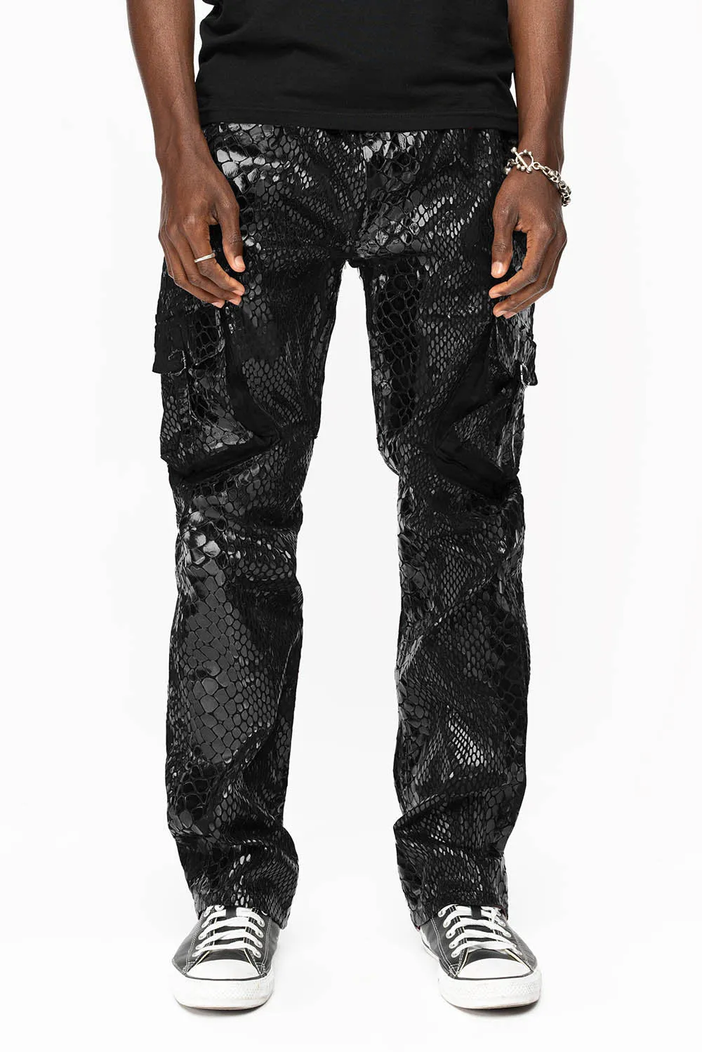 ROBINS NEW MILITARY STYLE CARGO PANTS IN LIZARD BLACK WITH EMBROIDERY