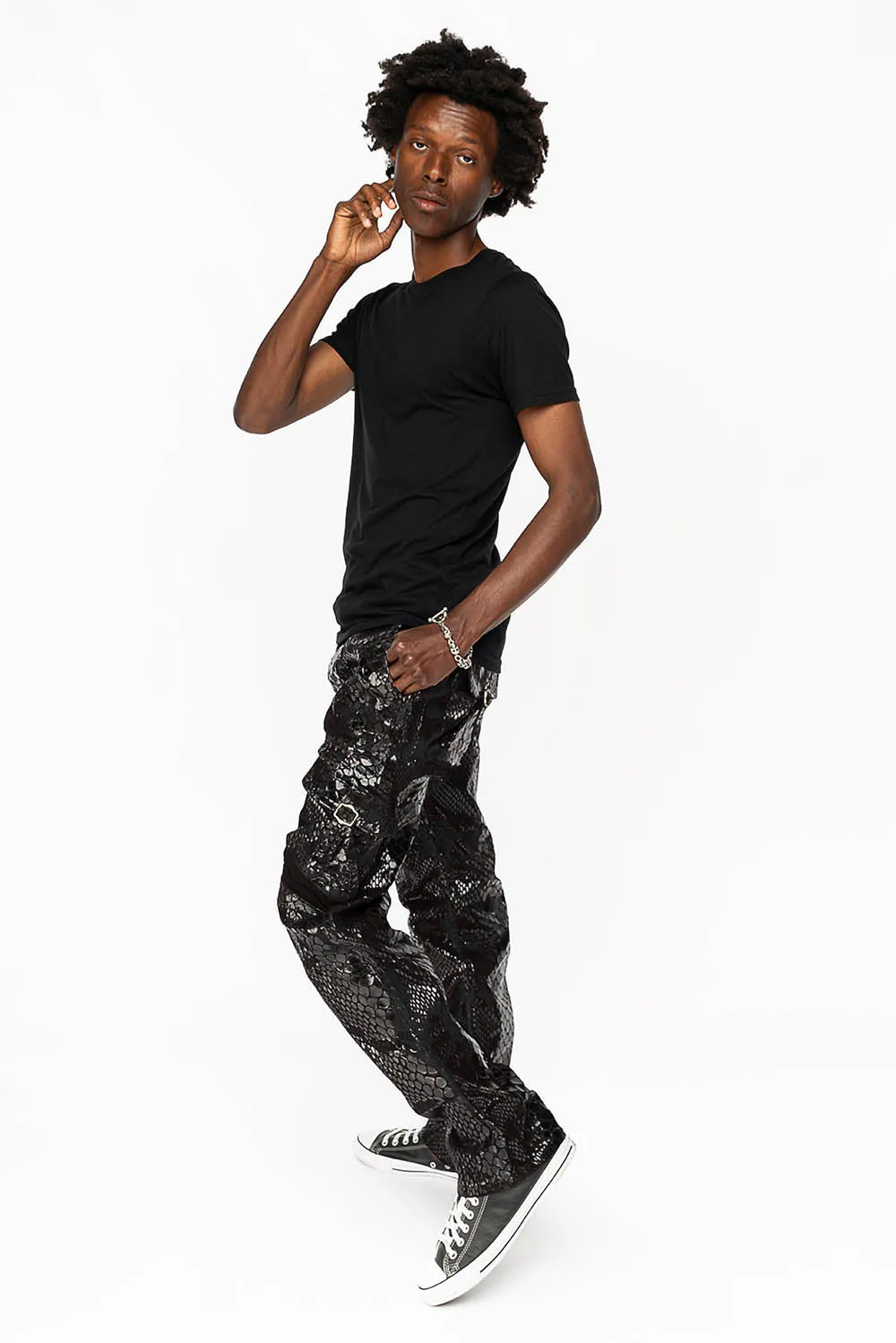 ROBINS NEW MILITARY STYLE CARGO PANTS IN LIZARD BLACK WITH EMBROIDERY