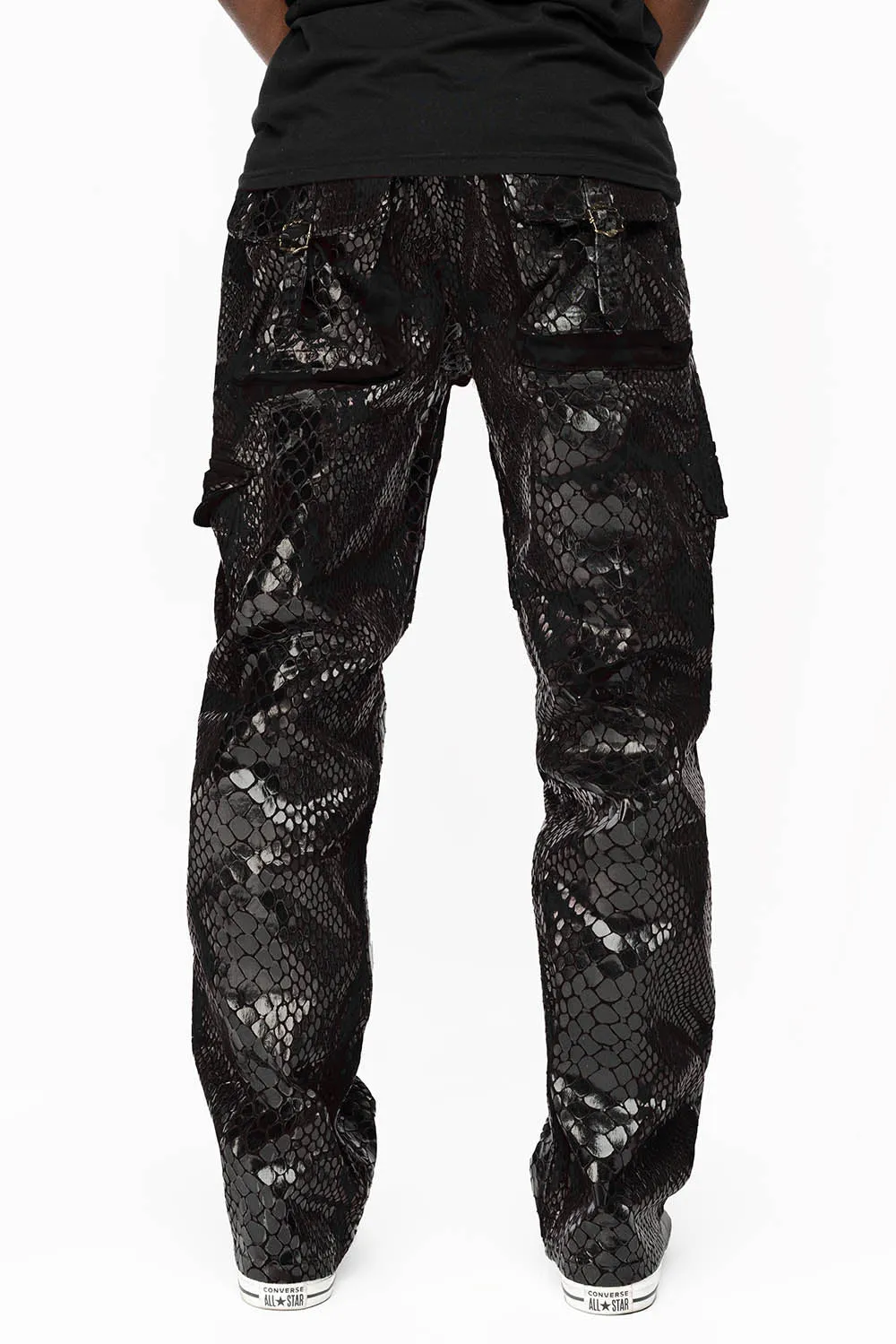 ROBINS NEW MILITARY STYLE CARGO PANTS IN LIZARD BLACK WITH EMBROIDERY