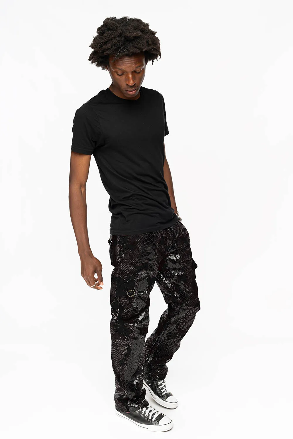 ROBINS NEW MILITARY STYLE CARGO PANTS IN LIZARD BLACK WITH EMBROIDERY