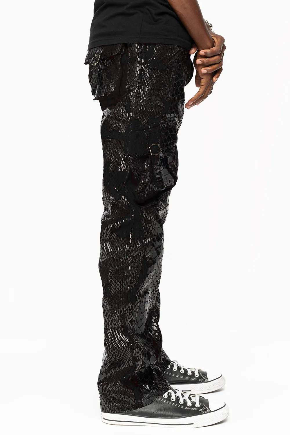 ROBINS NEW MILITARY STYLE CARGO PANTS IN LIZARD BLACK WITH EMBROIDERY