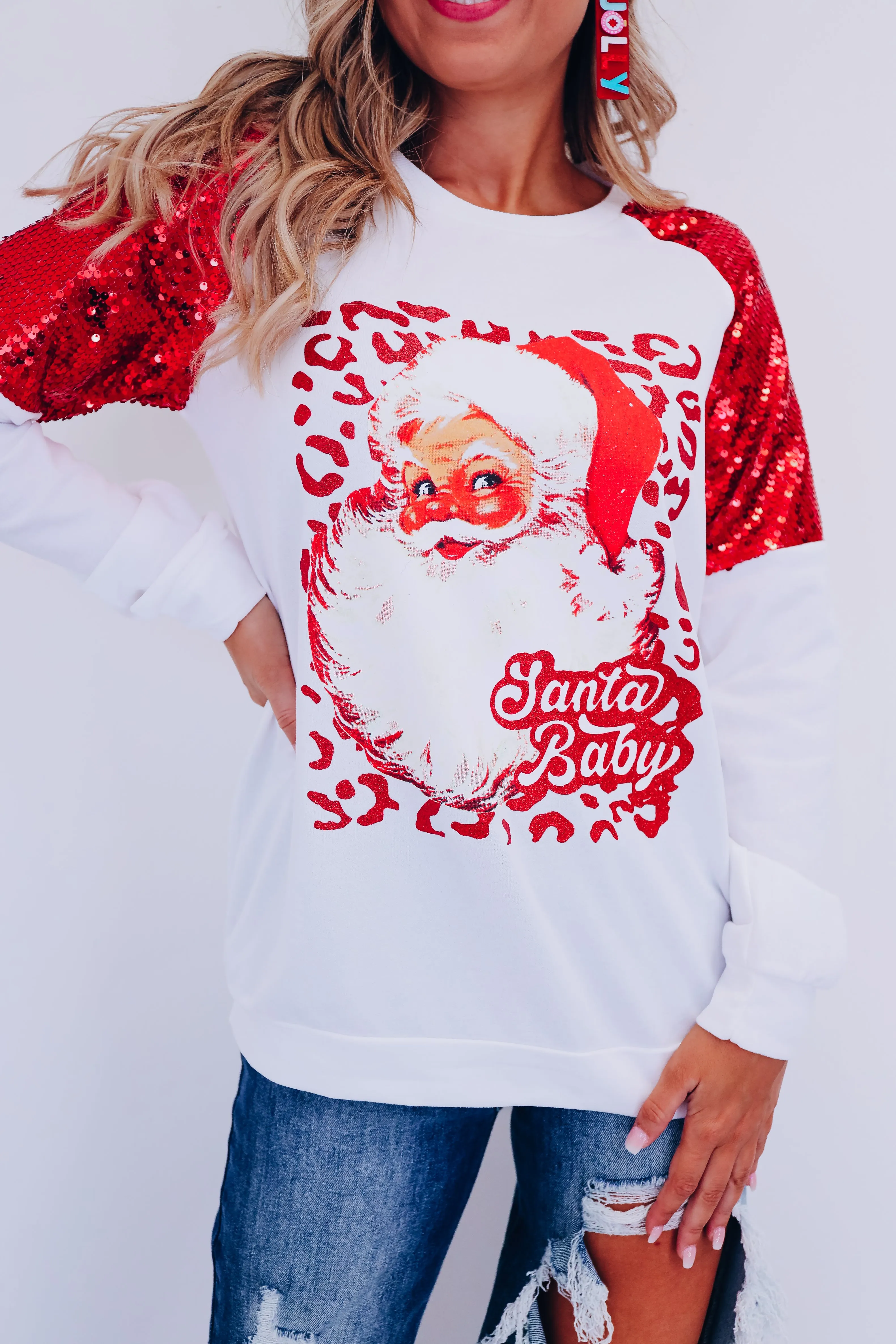 Santa Baby Sequin Graphic Sweatshirt- White