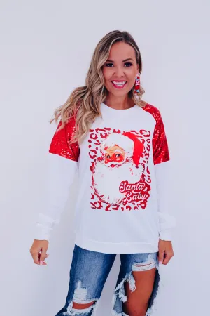 Santa Baby Sequin Graphic Sweatshirt- White