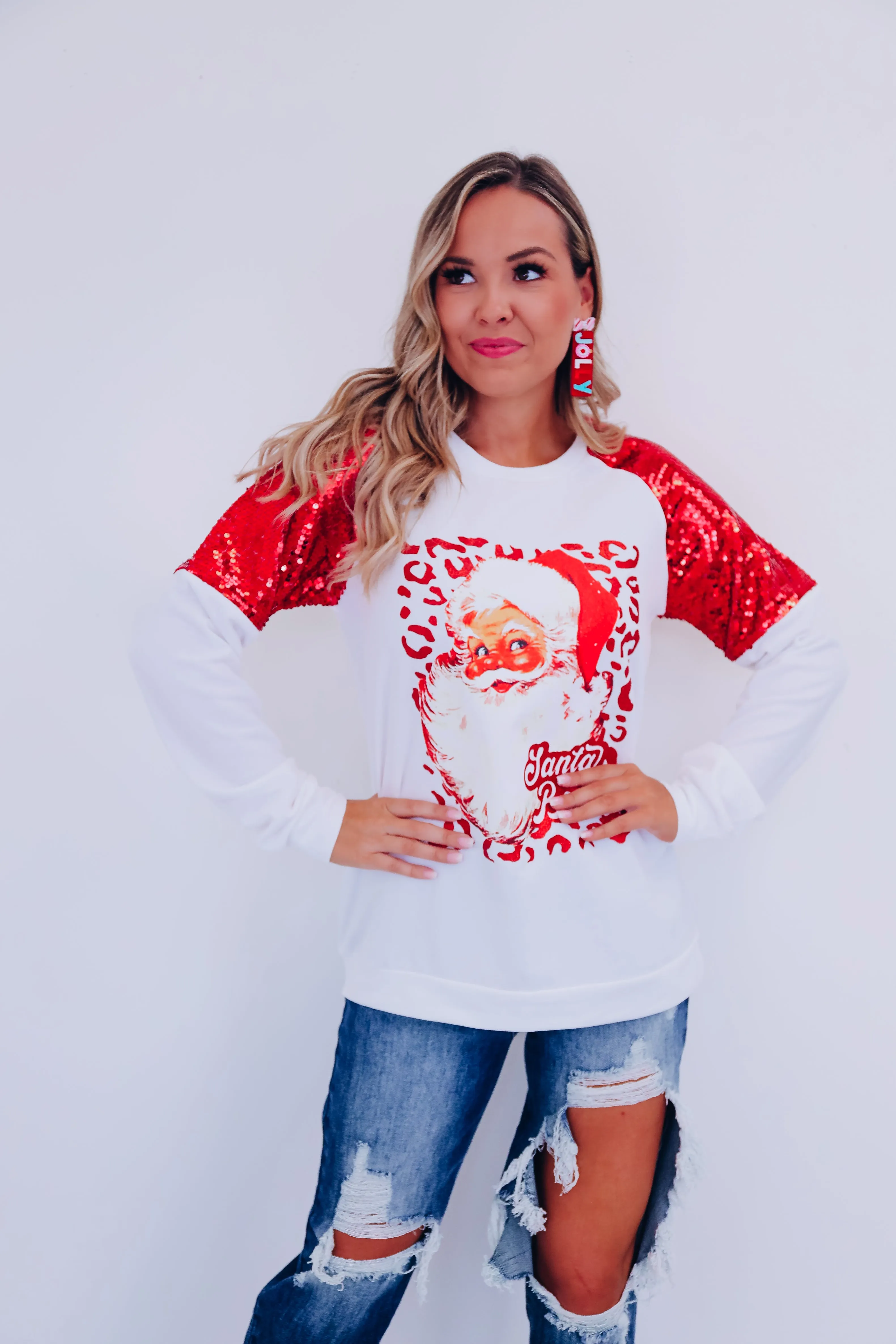 Santa Baby Sequin Graphic Sweatshirt- White