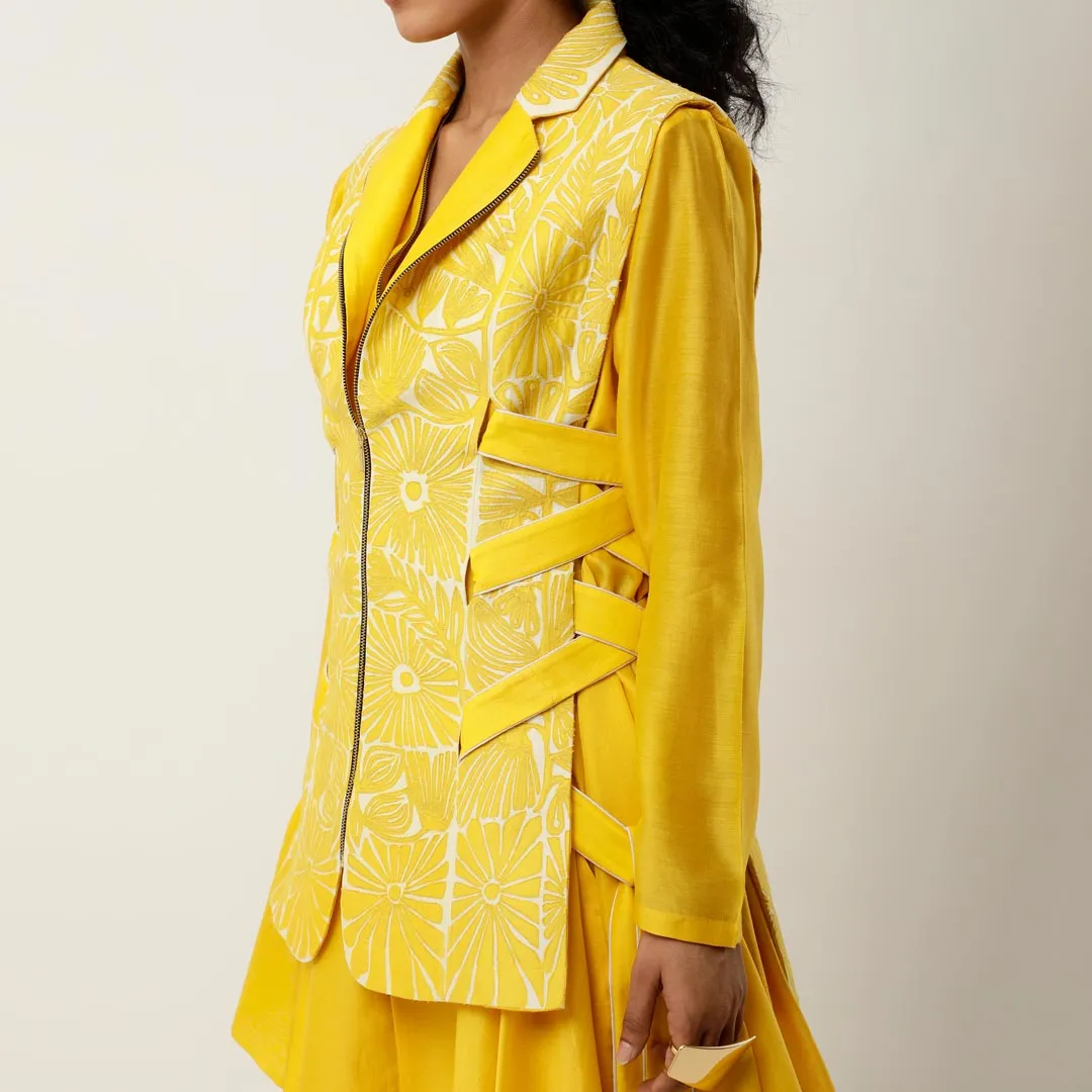 SIDE TIE UP CUTWORK JACKET WITH DRAPED INNER AND PANTS