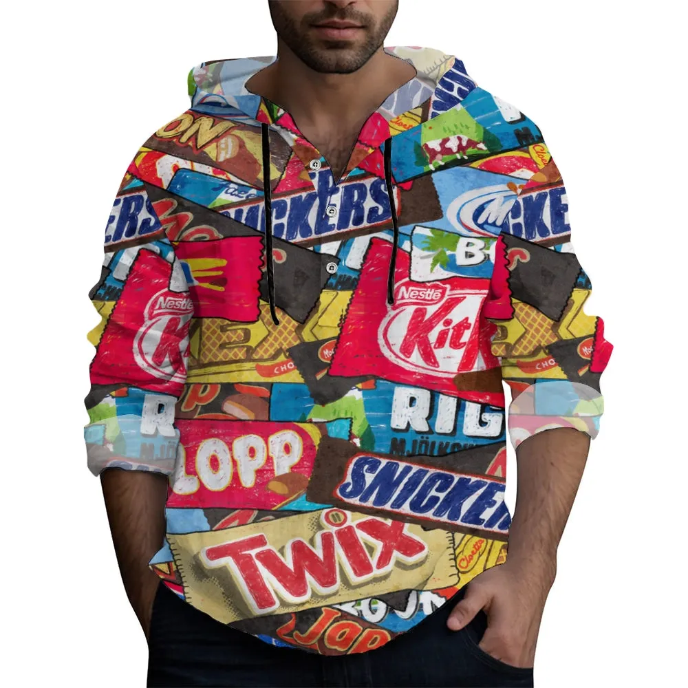 Snack Print Hooded Half-Open Long-Sleeved Shirt