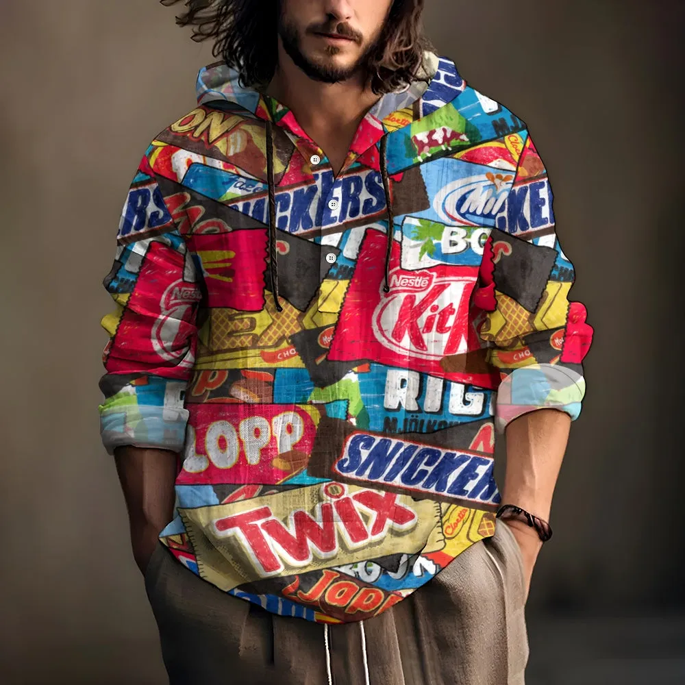Snack Print Hooded Half-Open Long-Sleeved Shirt
