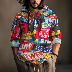 Snack Print Hooded Half-Open Long-Sleeved Shirt