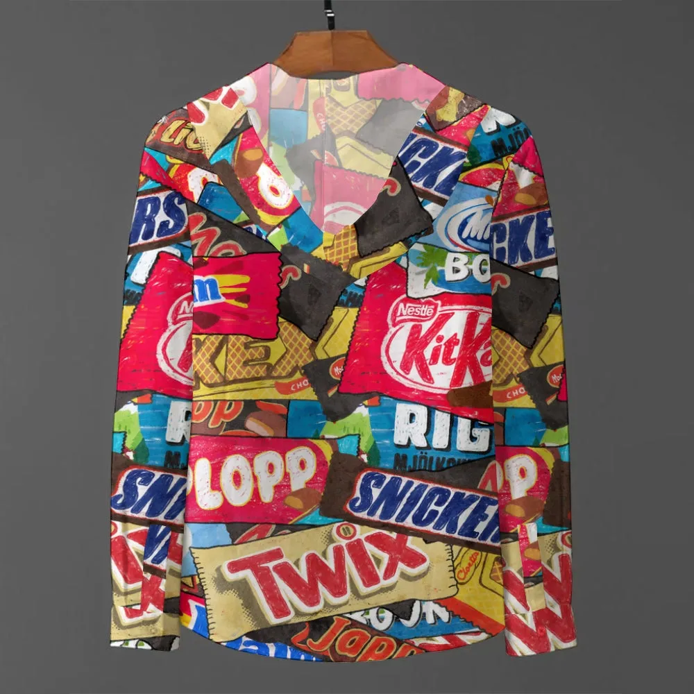Snack Print Hooded Half-Open Long-Sleeved Shirt
