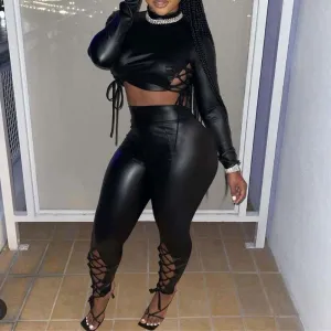 Solid Long Sleeve Lace Up PU Leather Top & Pants Set