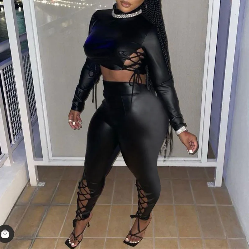 Solid Long Sleeve Lace Up PU Leather Top & Pants Set