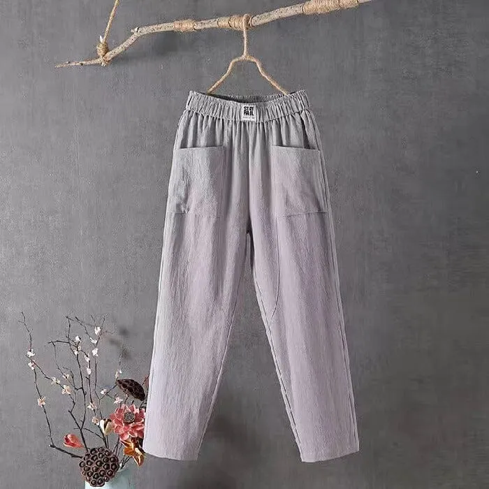 Sophia casual cotton and linen trousers with elastic waistband