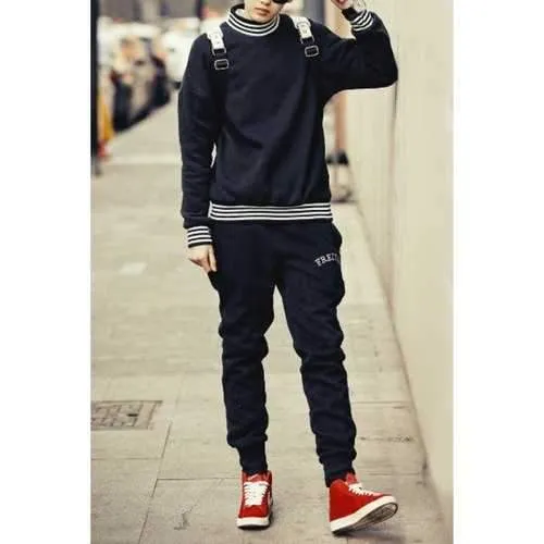 Sports Style Turtleneck Rib Splicing Slimming Long Sleeves Men's Flocky Sweatshirt Suits(Sweatshirt Pants) - Black M