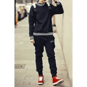 Sports Style Turtleneck Rib Splicing Slimming Long Sleeves Men's Flocky Sweatshirt Suits(Sweatshirt Pants) - Black M