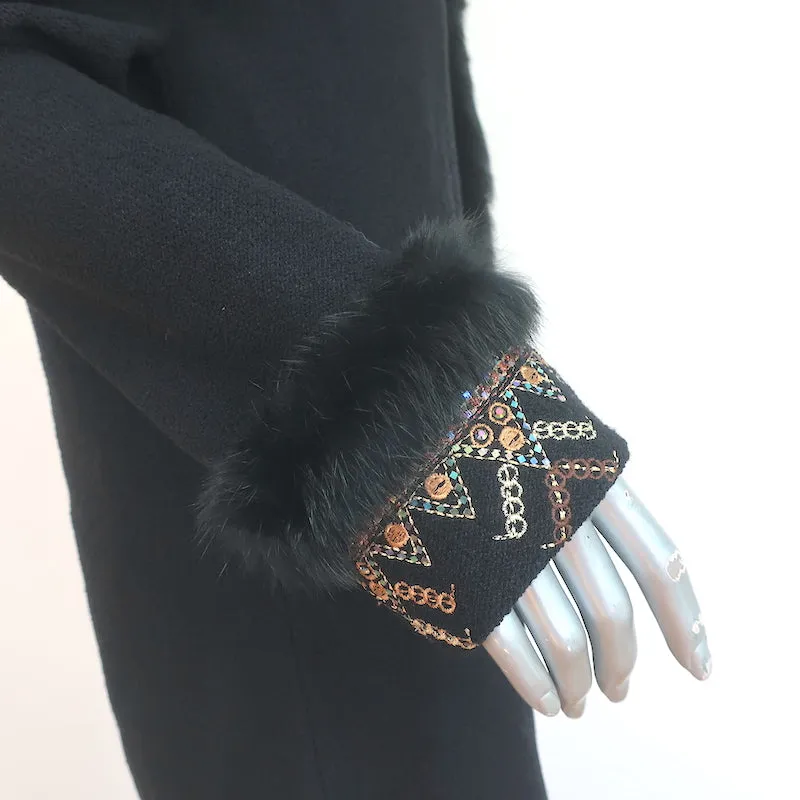 St. John Jacket Black Fur-Trimmed Embroidered Knit Size Small