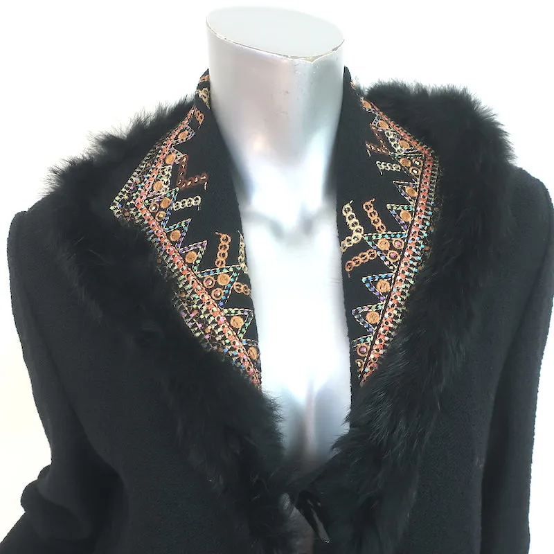 St. John Jacket Black Fur-Trimmed Embroidered Knit Size Small