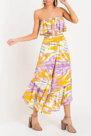 Staycation Purple and Yellow Tie Dye Tube Top Jumpsuit