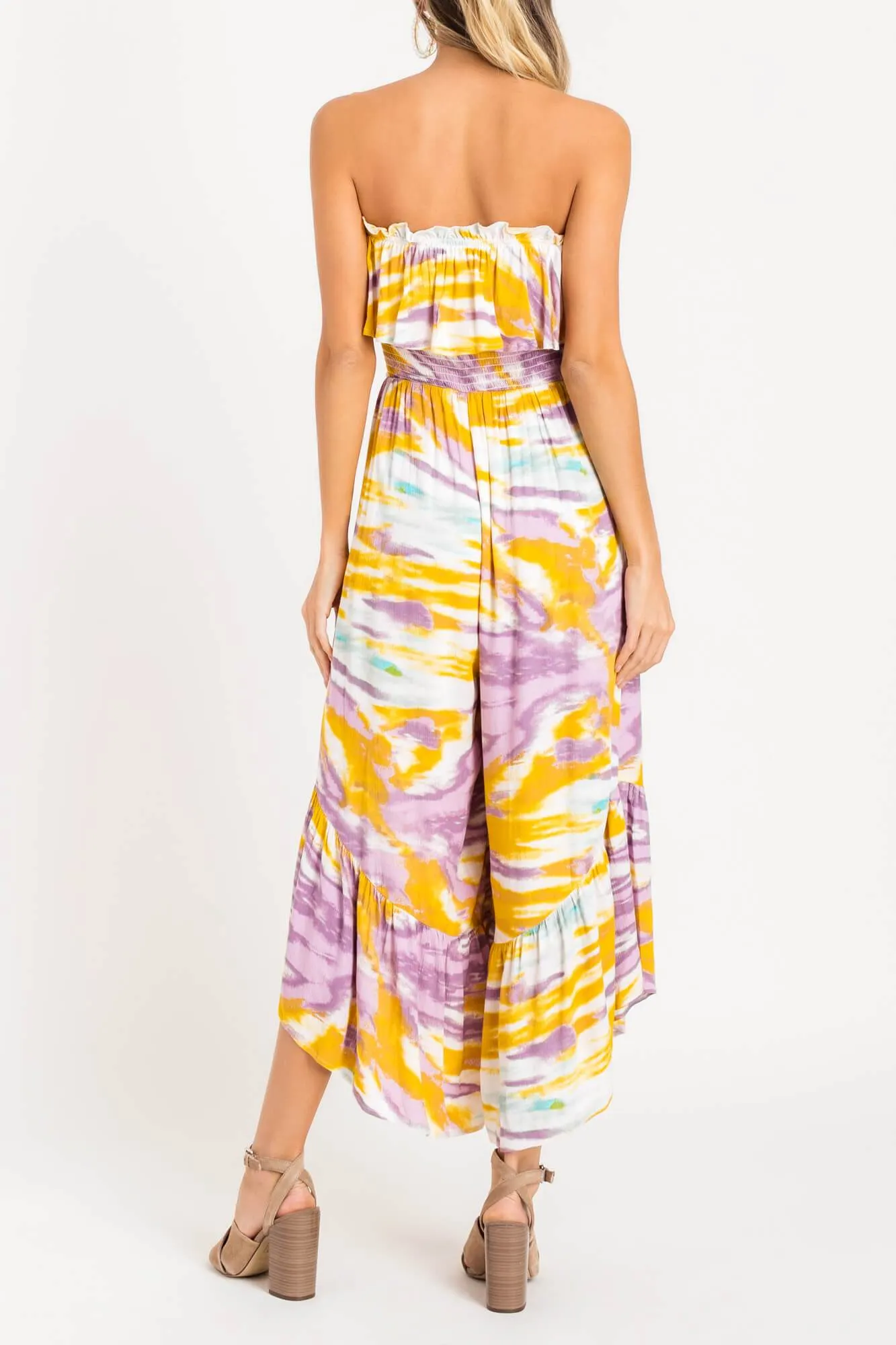 Staycation Purple and Yellow Tie Dye Tube Top Jumpsuit