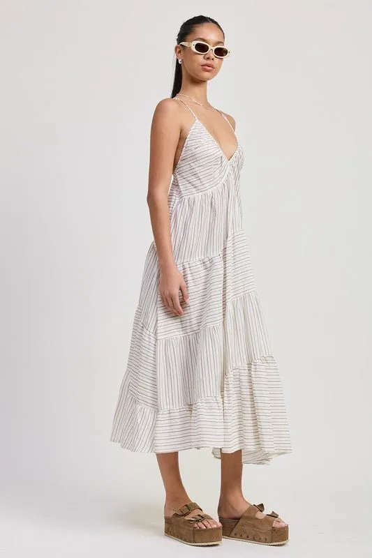 Striped Cross Back Linen Midi Dress