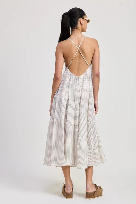 Striped Cross Back Linen Midi Dress