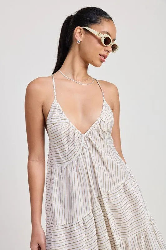 Striped Cross Back Linen Midi Dress