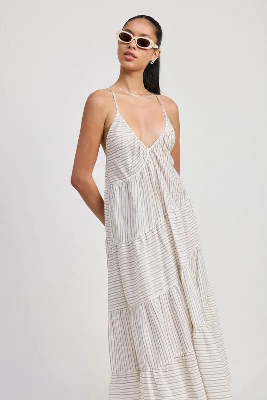 Striped Cross Back Linen Midi Dress