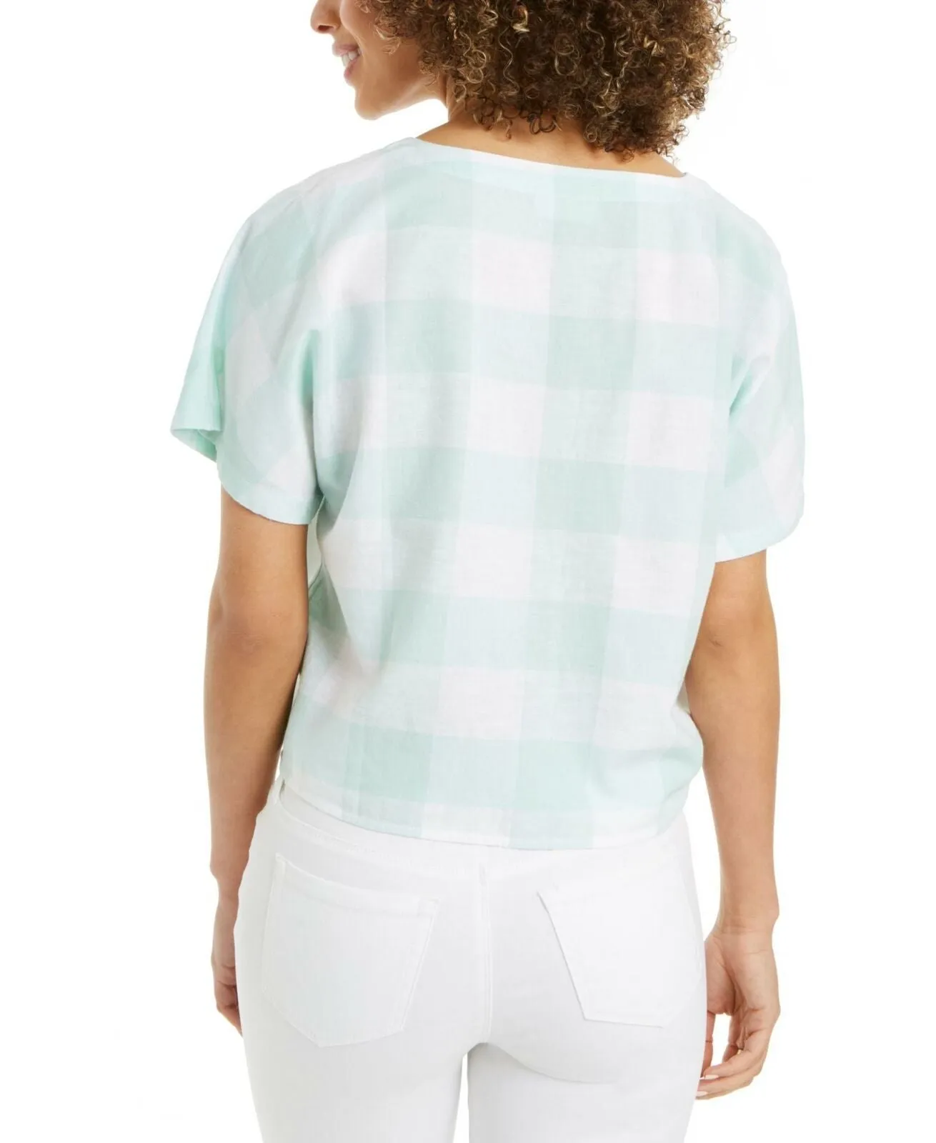 Style & Co Women's Gingham Tie Waist Button Front Woven Top