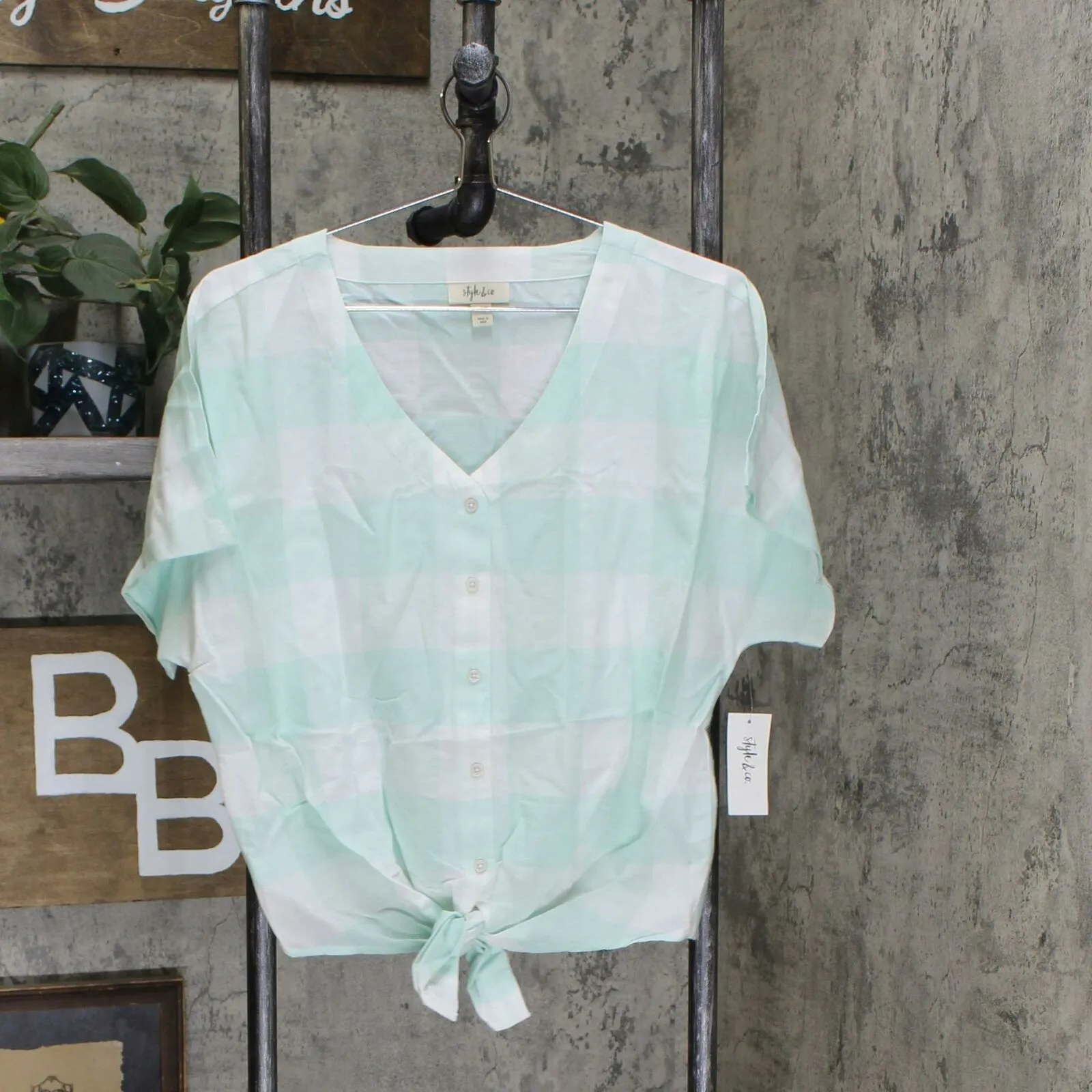 Style & Co Women's Gingham Tie Waist Button Front Woven Top