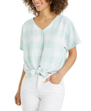 Style & Co Women's Gingham Tie Waist Button Front Woven Top