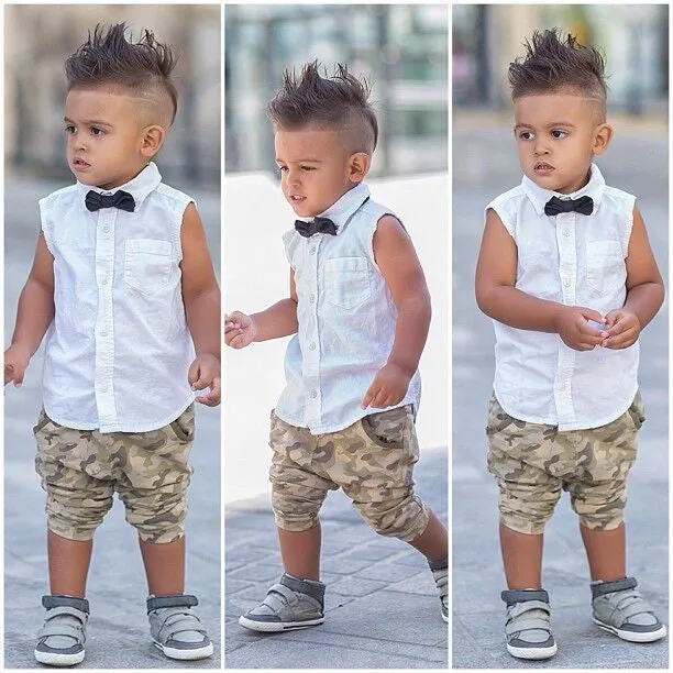 Summer Boys Suit Shirt T-shirt   Pants 2pcs / set sleeveless bow fashion camouflage pants suit Kids