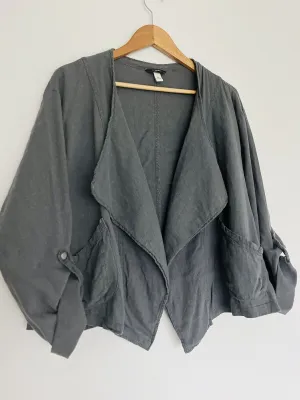 SUPPLIES  Linen Blend Jacket Sz 1X Gray Open Front Roll Tab Sleeves Boho