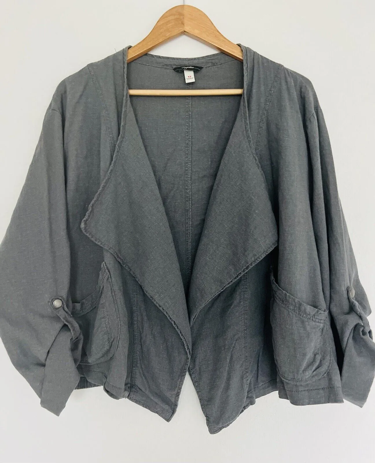 SUPPLIES  Linen Blend Jacket Sz 1X Gray Open Front Roll Tab Sleeves Boho