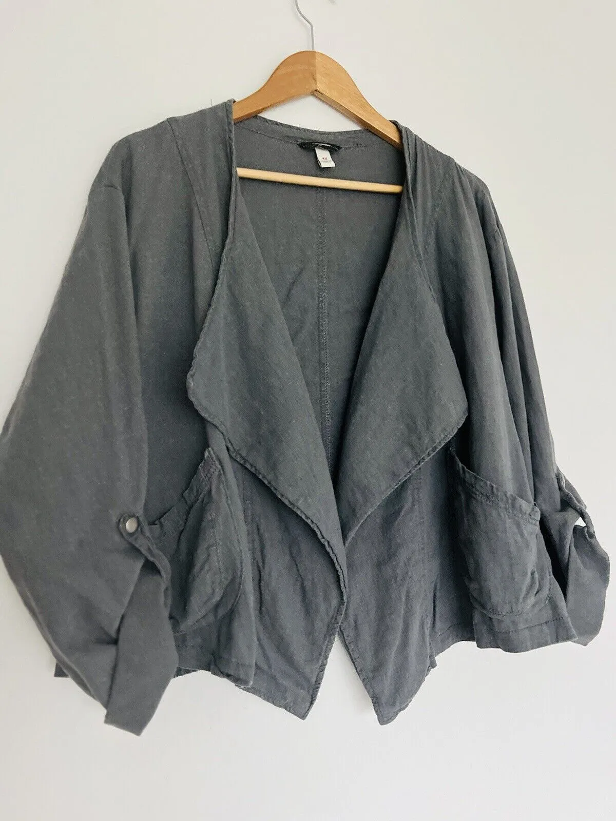 SUPPLIES  Linen Blend Jacket Sz 1X Gray Open Front Roll Tab Sleeves Boho
