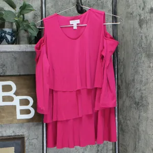 Susan Graver Women's Liquid Knit Cold Shoulder Tiered Top Deep Pink XS
