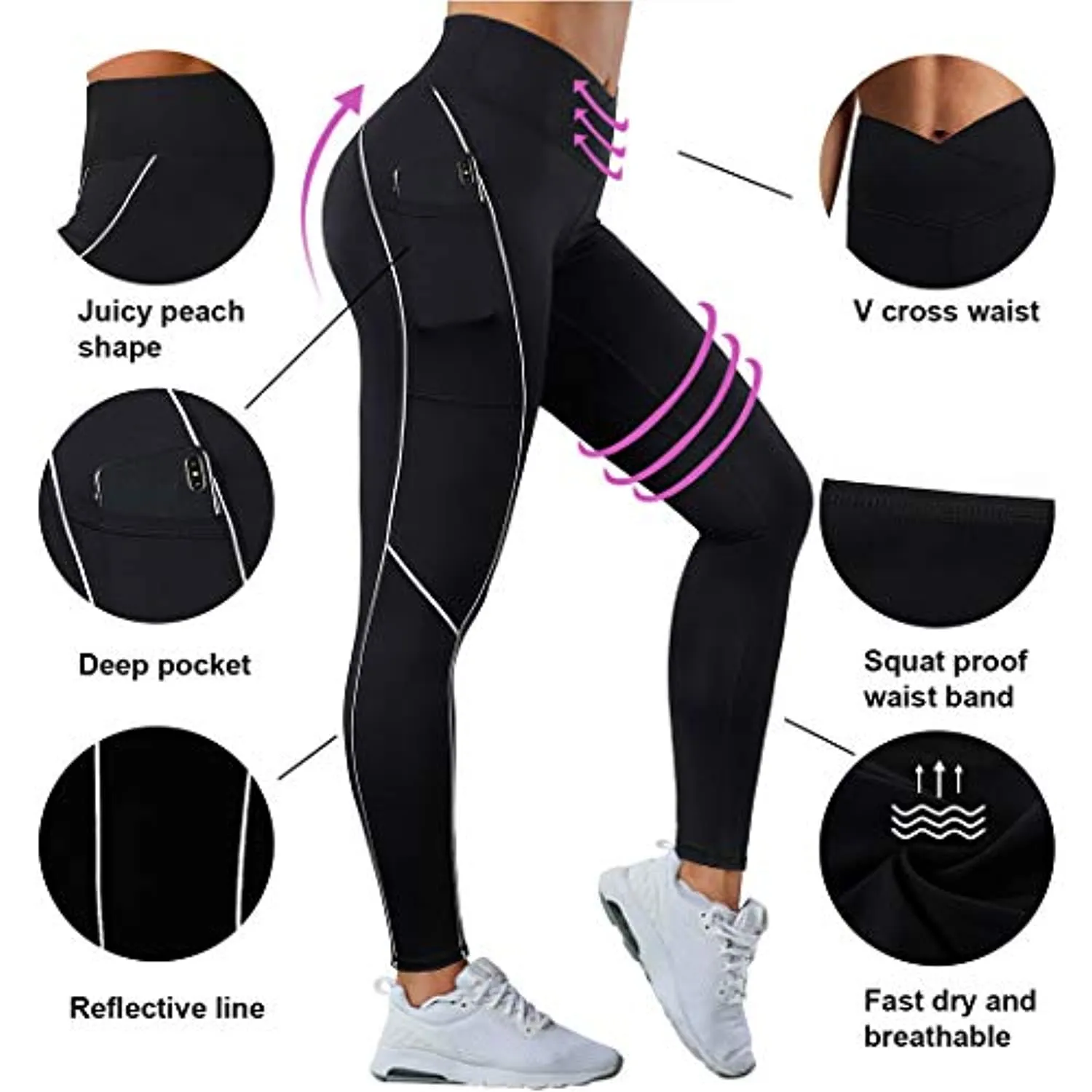 SUUKSESS Women Reflective High Waisted Running Leggings with Pockets Yoga Pants
