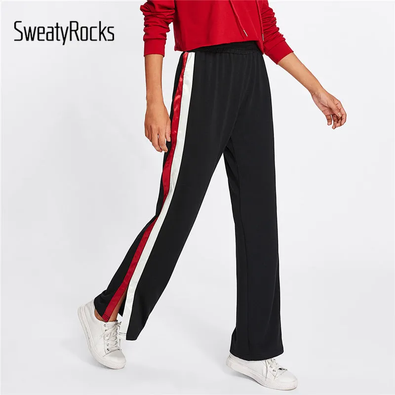 SweatyRocks Striped Slit Side Wide Leg Pants Women Casual Loose Preppy Style Trousers 2018 Spring Fall Elastic High Waist Pants