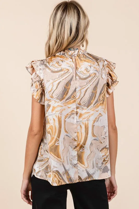 Tan Abstract Print Ruffle Short Sleeve Satin Top