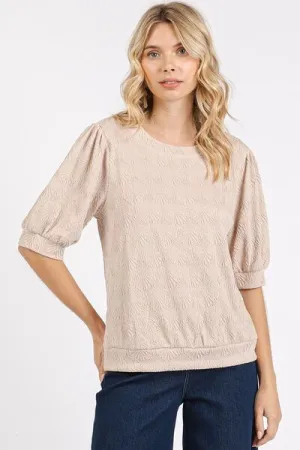 Tan Fan Shell Texture Short Puff Sleeve Knit Top