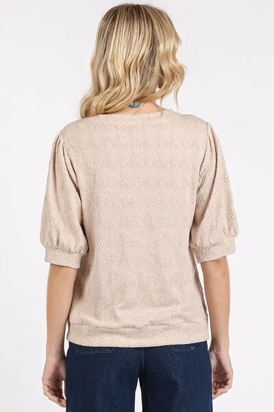 Tan Fan Shell Texture Short Puff Sleeve Knit Top