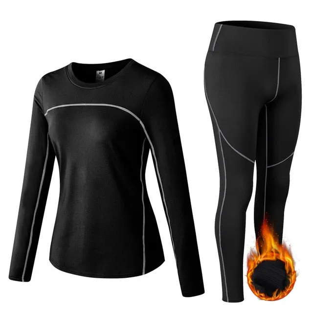 Thermal Sports Suits Women Workout Yoga Set Fitness Clothing High Waist Running Pants Gym Leggings Long Sleeve Crop Top Shirts